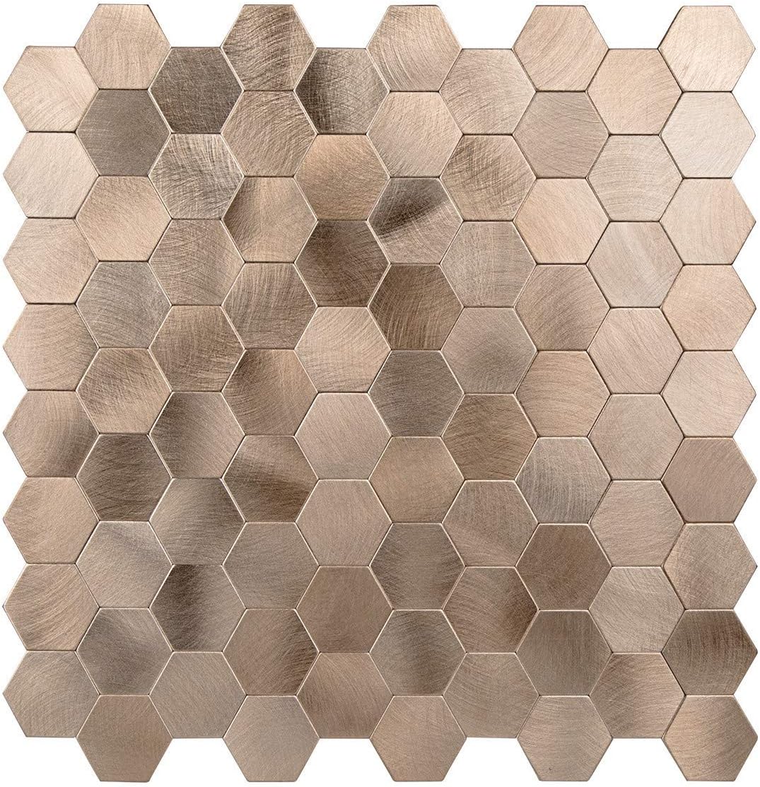 Decopus Protector contra salpicaduras de azulejos con aspecto antiguo, (5 unidades de bronce hexagonal) de cobre para despegar y pegar, modelado de