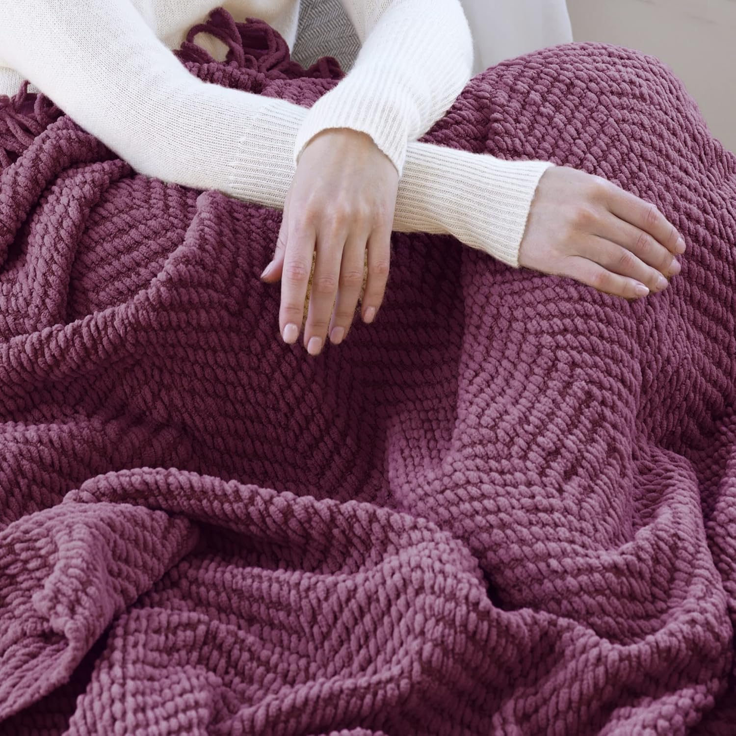 Manta para sofá, funda de sofá suave de punto texturizado, manta de tweed morado con borlas de flecos para decoración del hogar, cama, sofá, silla,