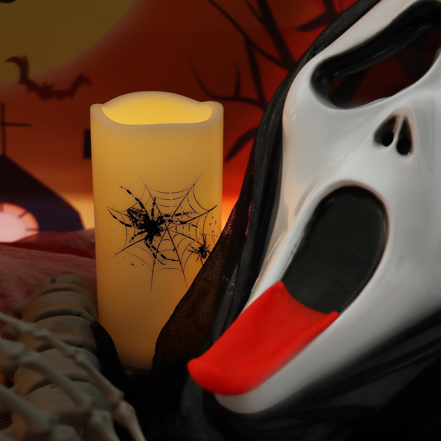 Velas sin llama para exteriores con temporizador de ciclismo, luces LED eléctricas parpadeantes realistas de plástico falso con araña para