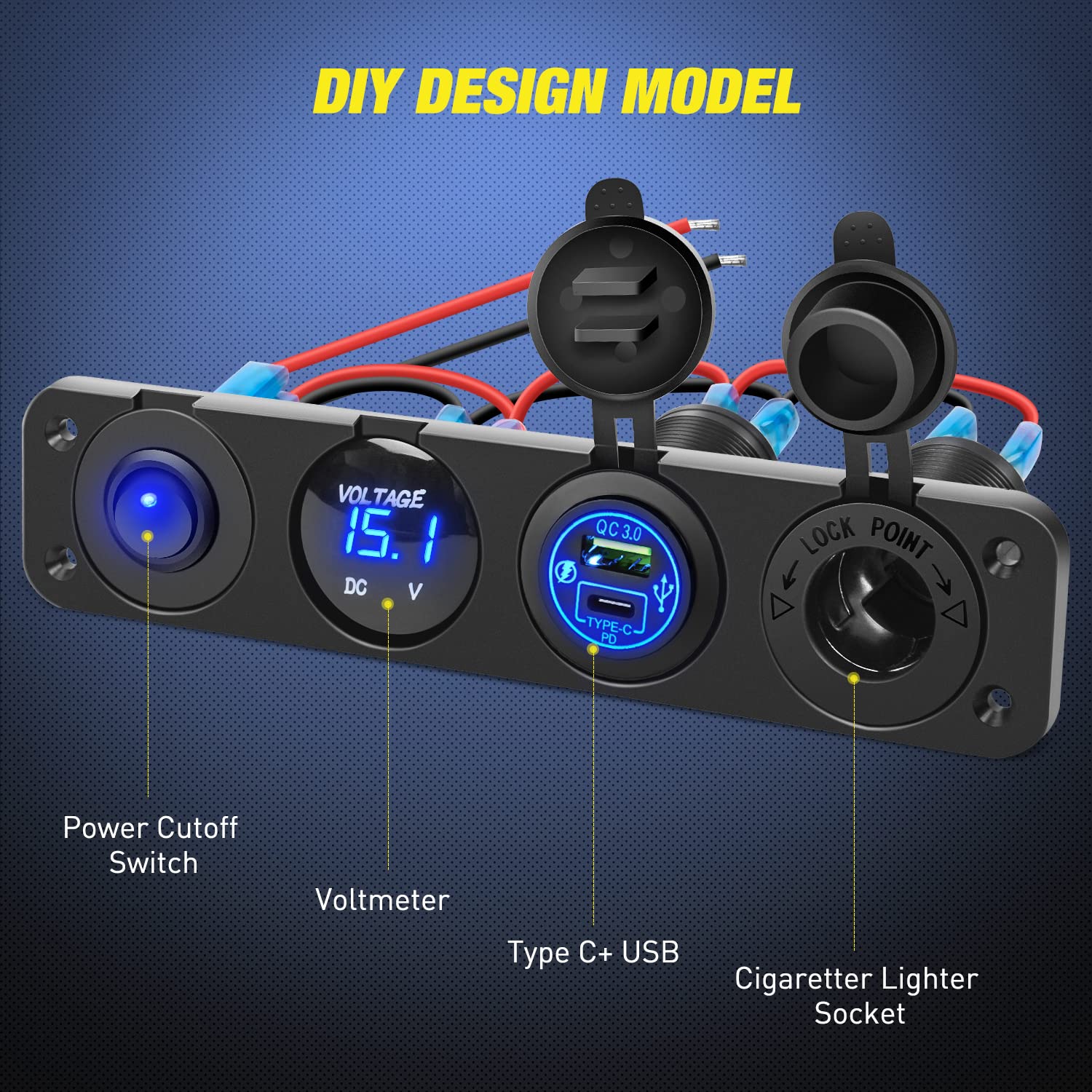 Nilight Panel de enchufe de cargador de encendidoapagado 4 en 1, PD tipo C y QC 3.0, toma de corriente USB, voltímetro LED, encendedor de