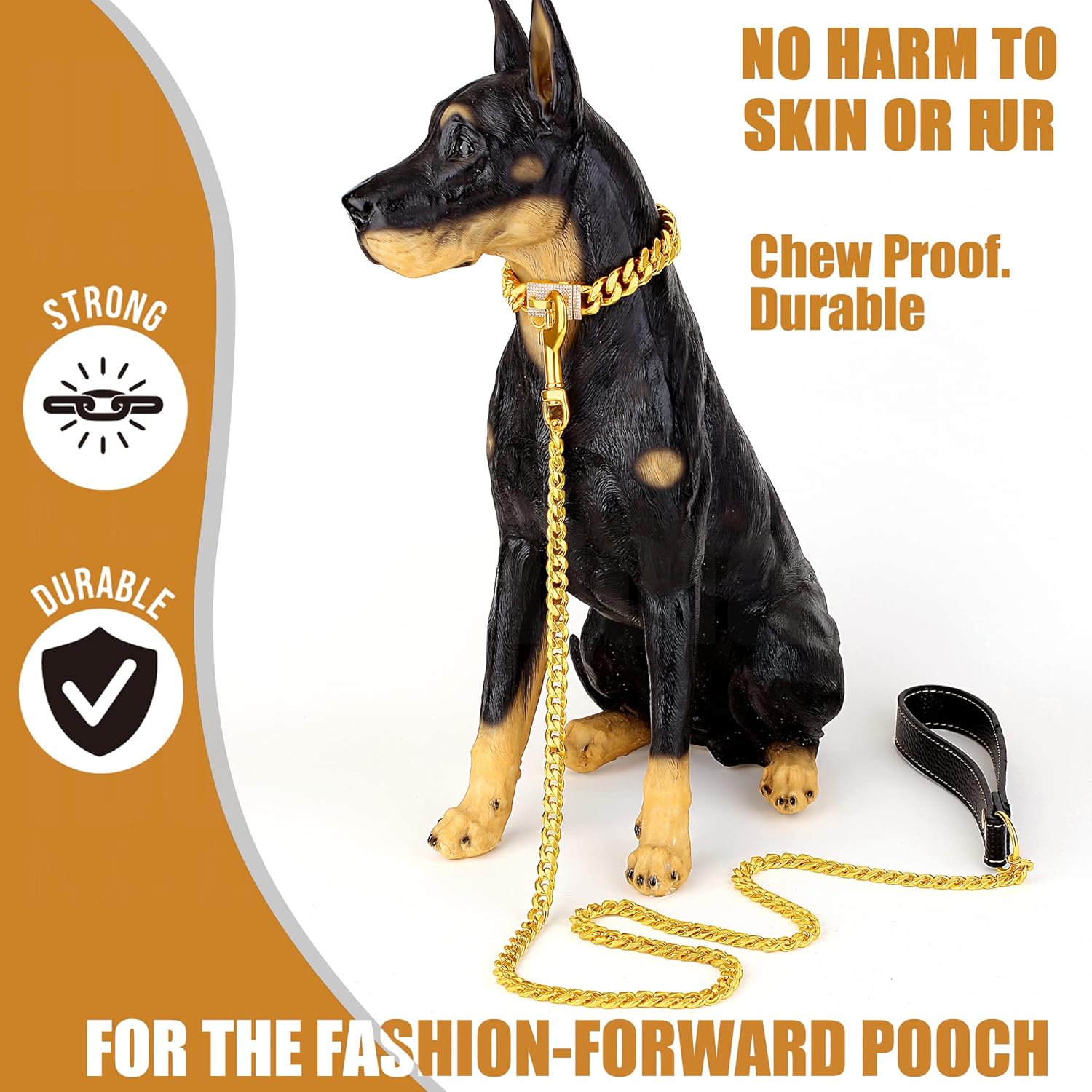 Correa de cadena para perro de 3 pies y 4.3 pies, acero inoxidable de oro de 18 quilates, correa para perro de 0.472 in con cómodo mango de cuero