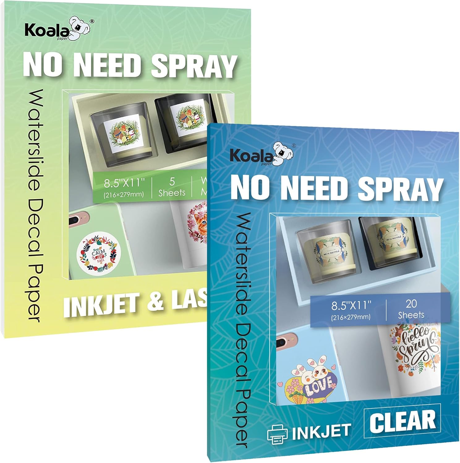 Koala – Papel adhesivo transparente para tobogán acuático sin pulverización, 20 hojas y blanco sin pulverización, para impresora de inyección de