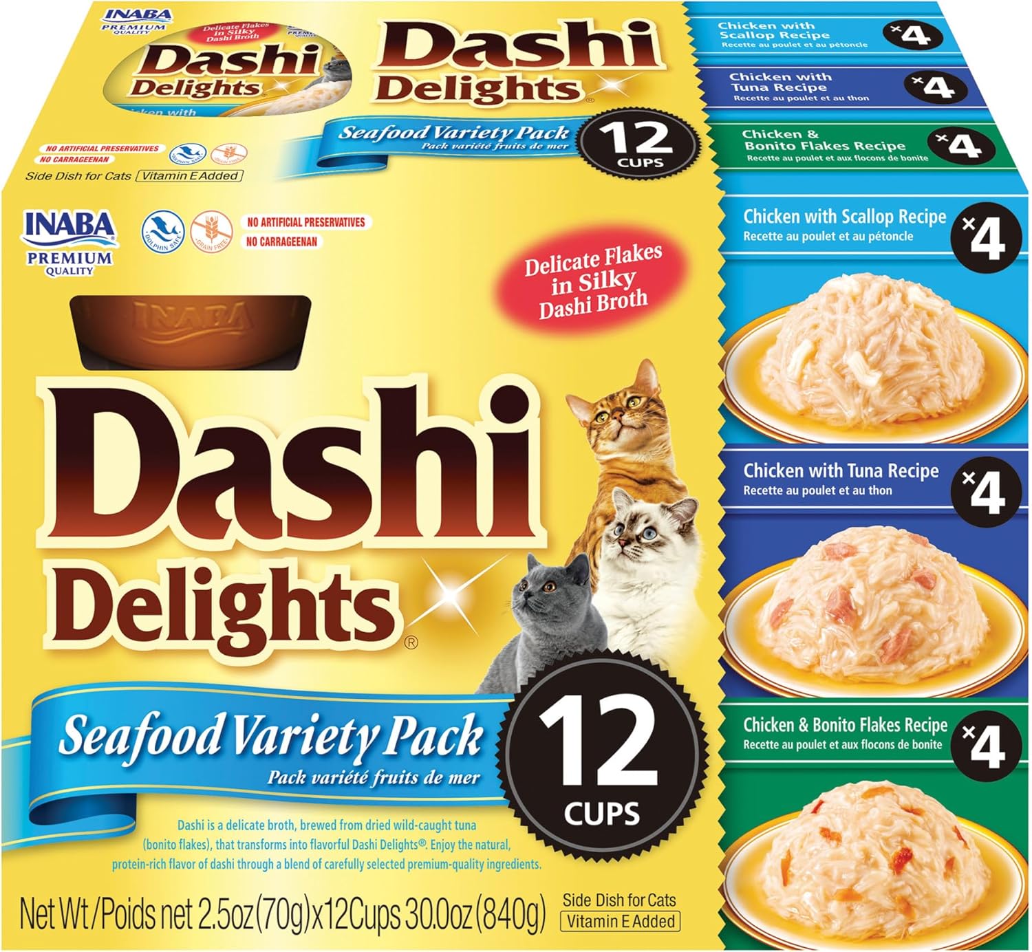 INABA Dashi Delights para gatos, pollo rallado con caldo de hojuelas Bonito, taza de 2.5 onzas, 12 tazas en total, variedad de mariscos
