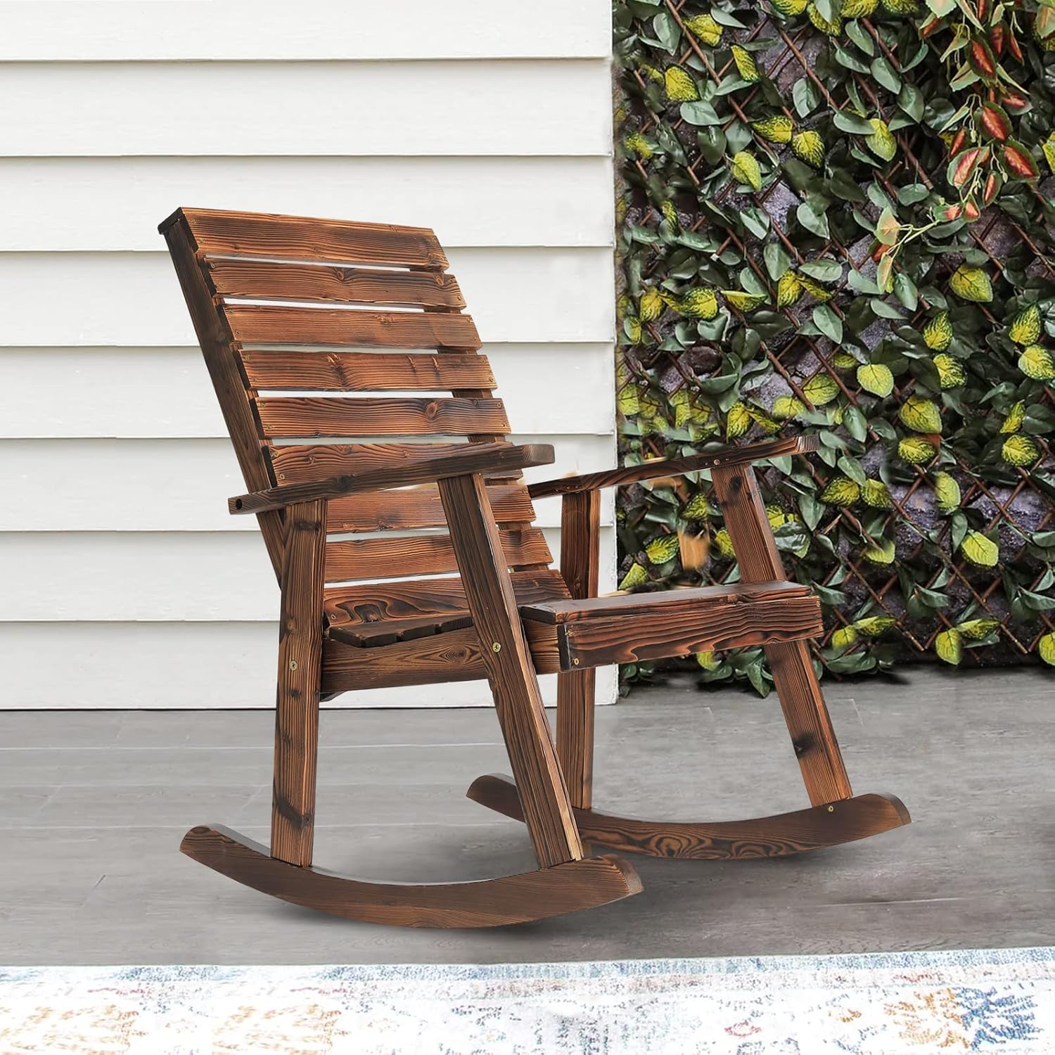 Mecedora de madera para exteriores, mecedora de porche de madera rústica con respaldo alto para interiores, patio trasero, patio, natural