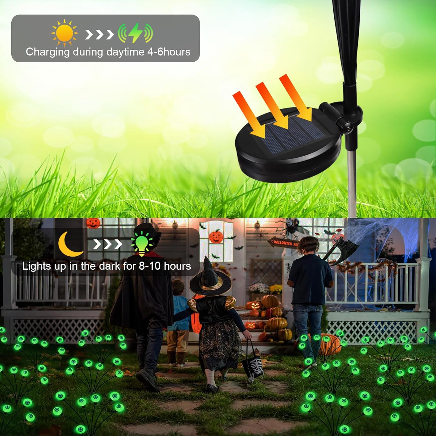 Luces solares de globo ocular para decoración de Halloween, paquete de 2 luces LED de luciérnaga con estacas, luces solares impermeables y