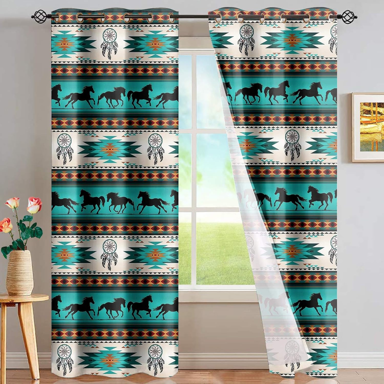 GLENLCWE Paquete de 2 paneles de cortina para ventana con estampado azteca de caballo tribal, para dormitorio, sala de estar, cocina, decoración de