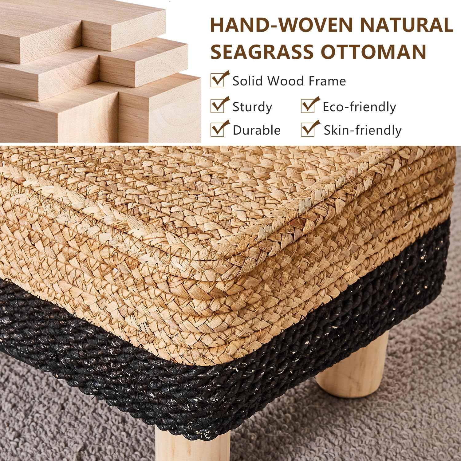 Cpintltr Taburete otomano rectangular, reposapiés, otomano, reposapiés natural de algas marinas con patas de madera, taburete tejido a mano para