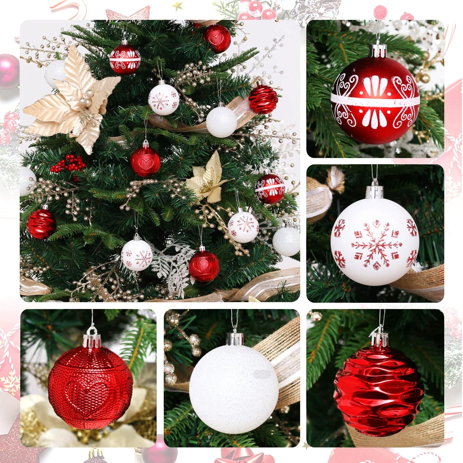 Adornos de bola de árbol de Navidad inastillables de 30 unidades, bolas rojas y blancas de 2.36 pulgadas, juego a granel para decoración de fiestas