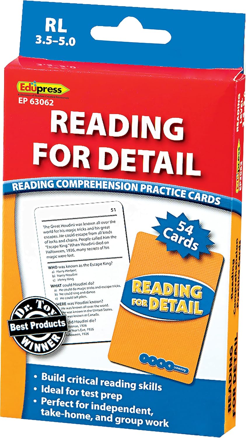 Edupress Tarjetas de práctica de lectura para detalles, niveles 3.5-5.0, azul