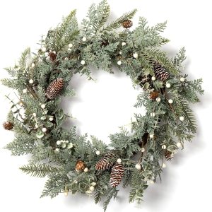 LOHASBEE Corona de Navidad artificial, corona de abeto con purpurina flocada de pino de 24 pulgadas con bayas blancas para Navidad, hogar, puerta LOHASBEE Corona de Navidad artificial, corona de abeto con purpurina flocada de pino de 24 pulgadas con bayas blancas para Navidad, hogar, puerta