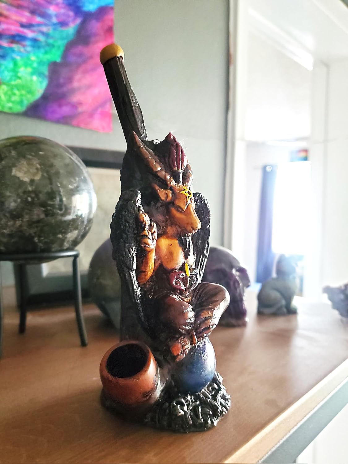 Baphomet – Figura de cabra sabática hecha a mano, arte satánico, cuenco de coco natural, regalos ocultos espirituales para fumadores