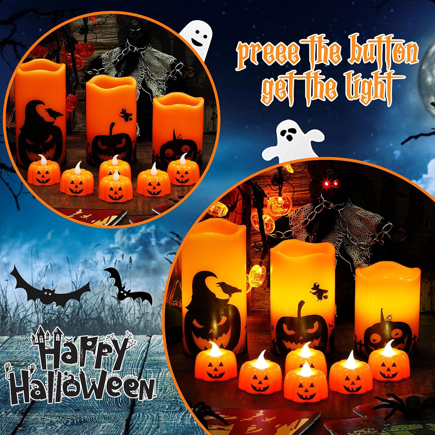 Nuanchu 3 velas LED sin llama de Halloween que funcionan con pilas, velas de cera surtidas, velas sin llama con 6 lámparas de calabaza para