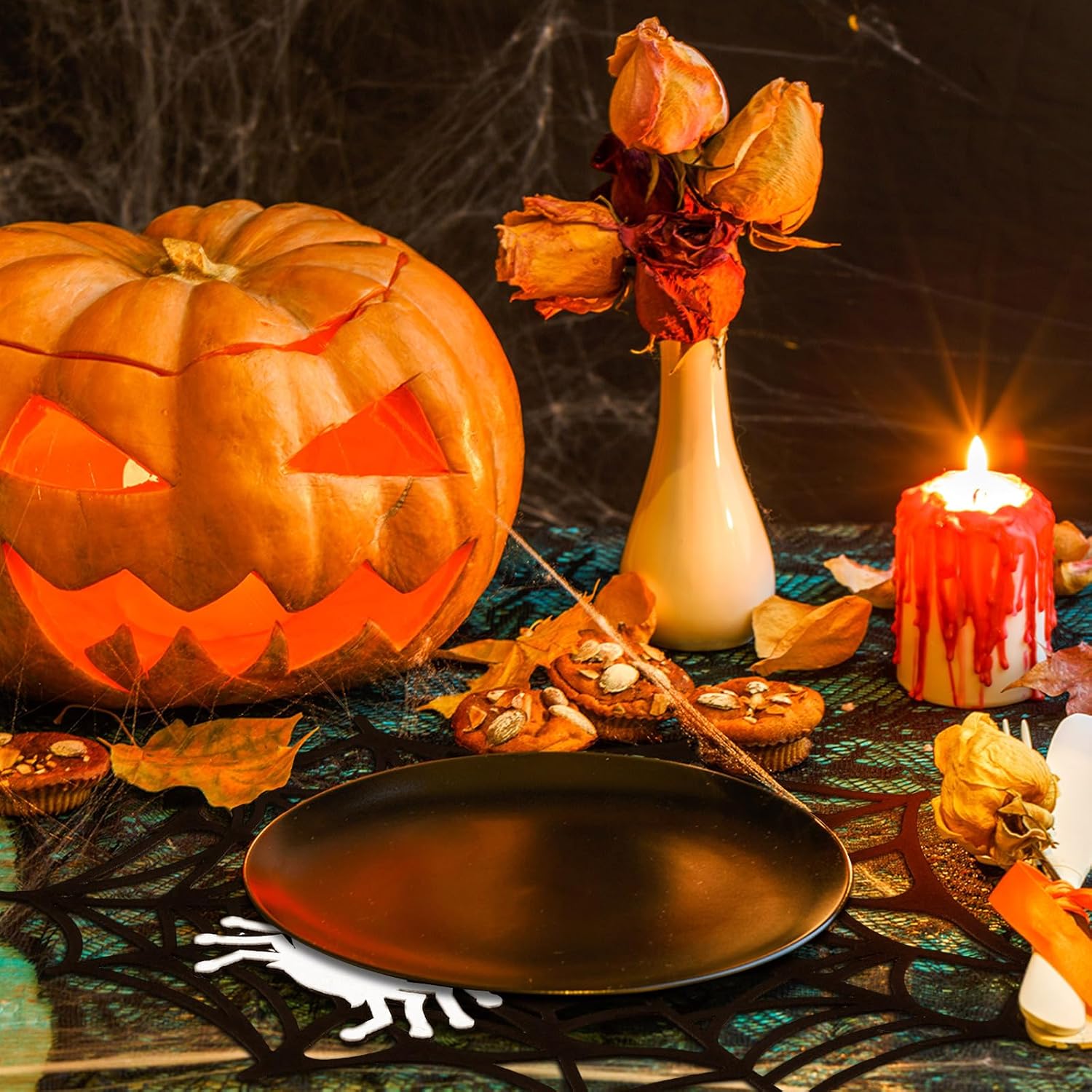 Newwiee Manteles individuales de araña de Halloween de 13 pulgadas, decoración de mesa de Halloween con bonitos manteles individuales de telaraña,