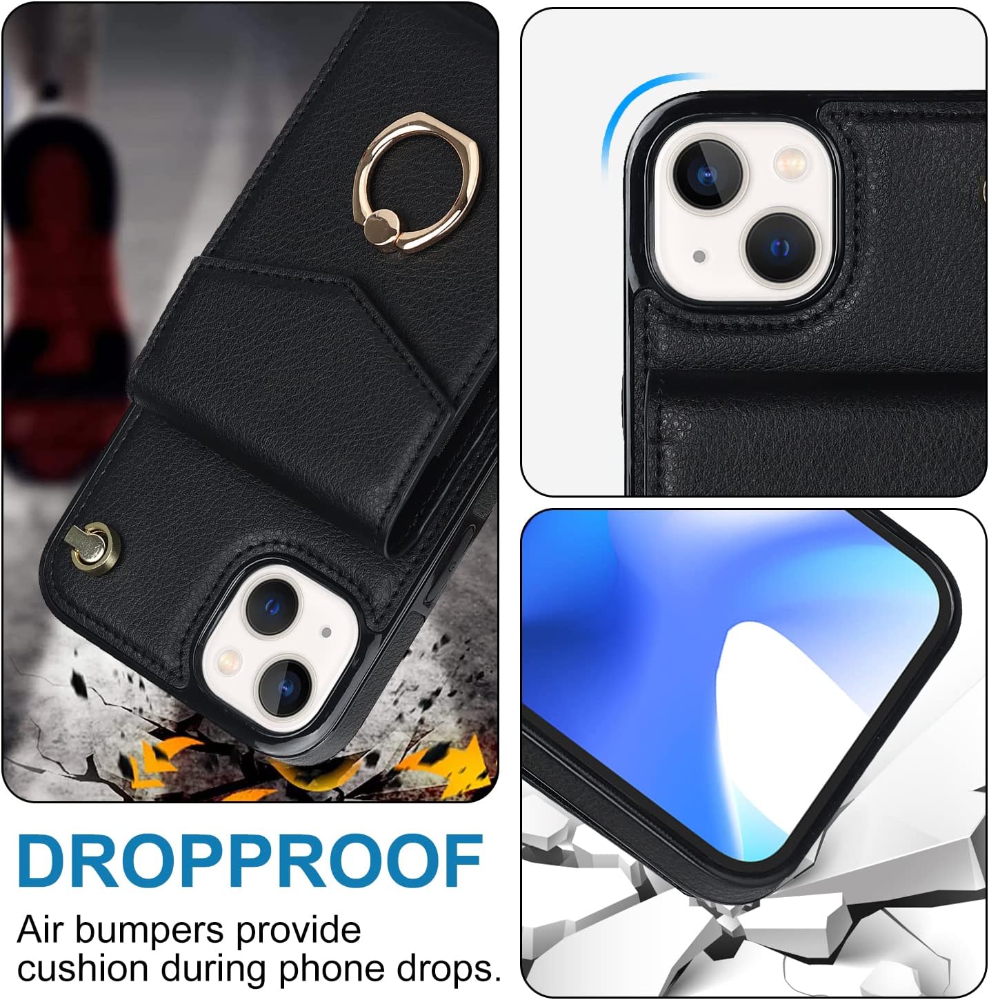 Asuwish Funda compatible con iPhone 15 de 6.1 pulgadas, protector de pantalla de vidrio templado y anillo de bloqueo RFID, funda de cuero para
