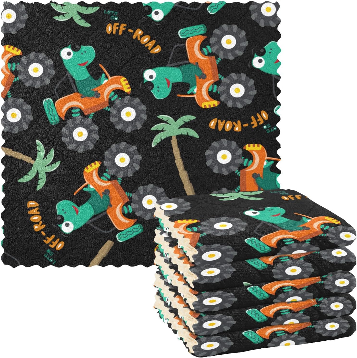 Funny Monster Animal Cars Cotton Print Kitchen Towels and Dishcloths Quick Dry Set of 6 Microfiber Absorbant Towel for Countertop Coffee