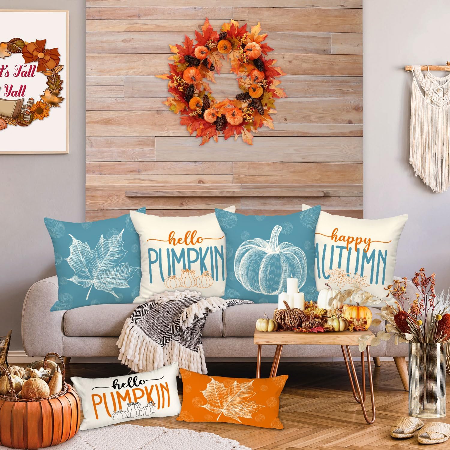 Ywlake Juego de 4 fundas de almohada de otoño de 16 x 16 pulgadas, diseño de calabaza y hojas de arce decorativas para días festivos de 16 x 16