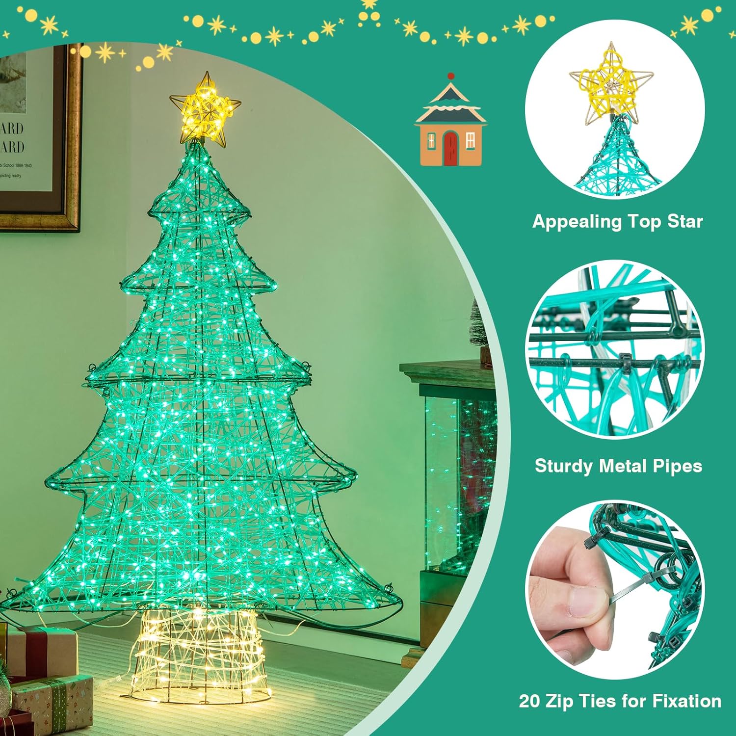 Tangkula Árbol de Navidad artificial iluminado de 4 pies, decoración de árbol de Navidad con 520 luces LED, estrella superior, cadena de luz