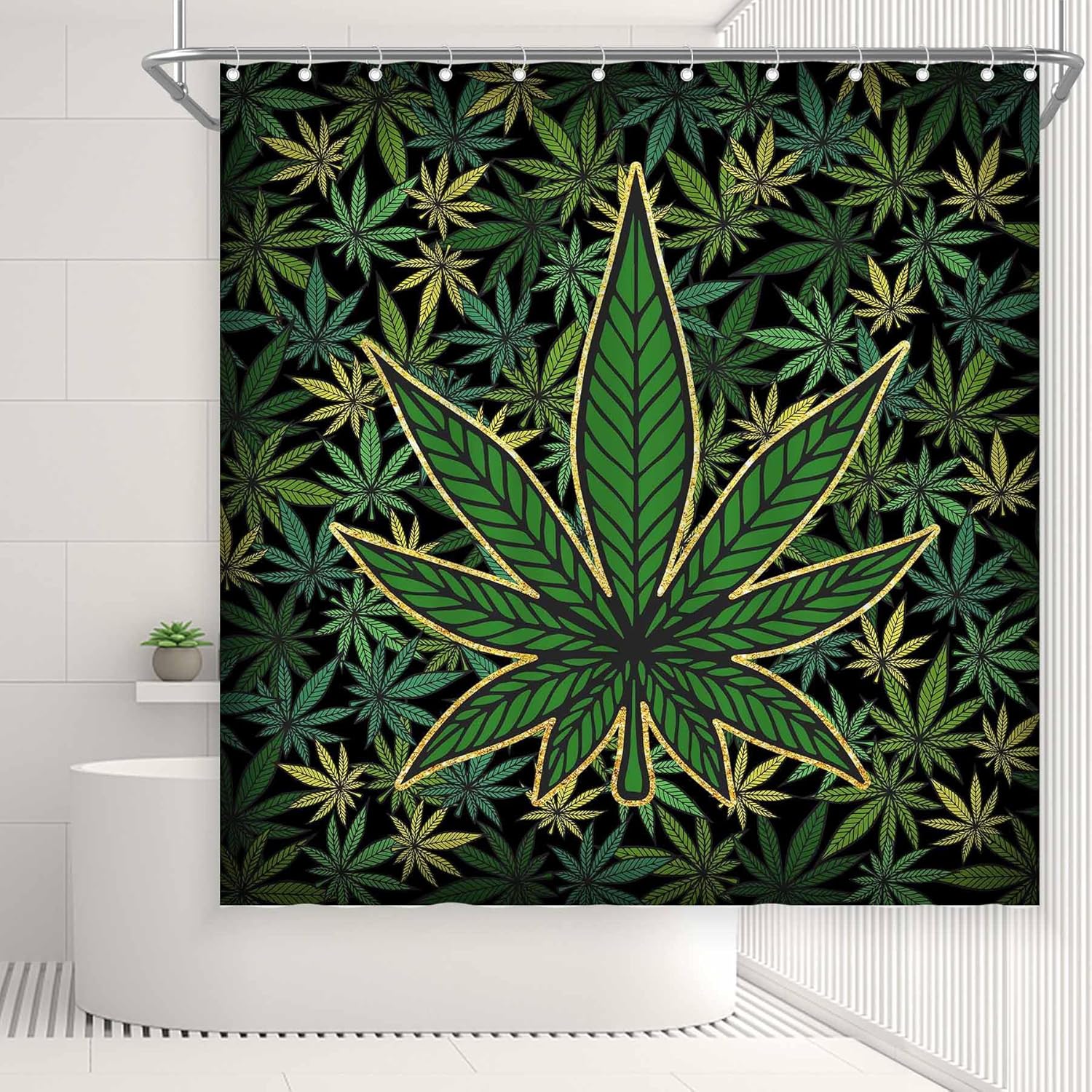 Cortina de ducha de hojas verdes de marihuana para baño, planta de cannabis, impermeable, tela de poliéster, bañeras, decoración del hogar con 12
