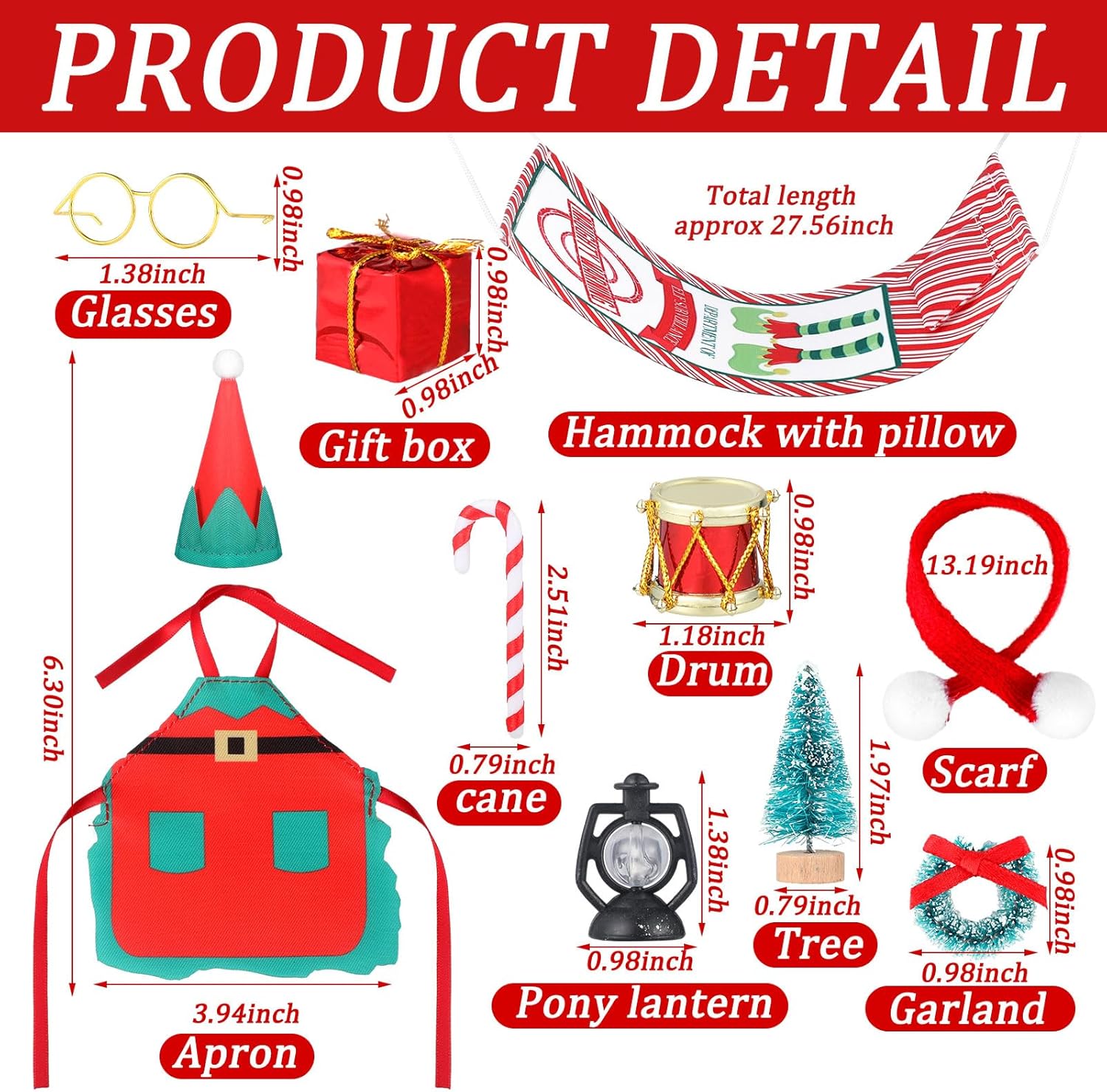 Zhanmai Juego de 10 accesorios de muñeca elfo de Navidad, incluye vasos de caña, guirnalda, hamaca, almohada, farol, delantal, sombrero, caja de