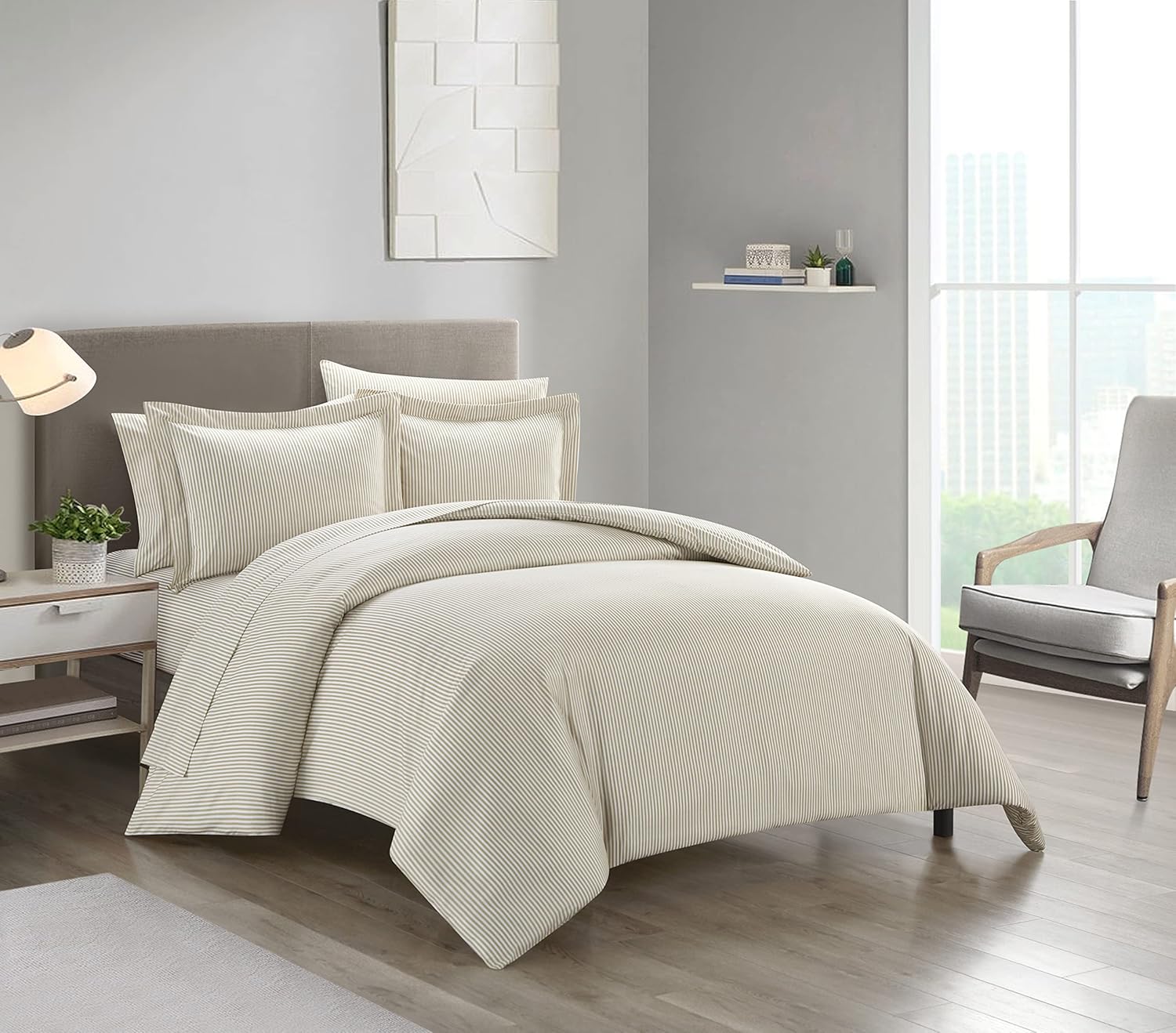 Chic Home Morgan – Juego de funda de edredón de 5 piezas, diseño contemporáneo de rayas de dos tonos, ropa de cama en una bolsa, sábanas de almohada
