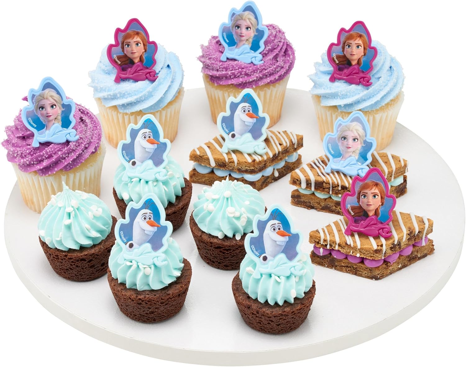 DecoPac Anillos Frozen II, decoraciones de cupcakes con Elsa, Anna y Olaf para celebraciones de cumpleaños y Navidad, paquete de 24