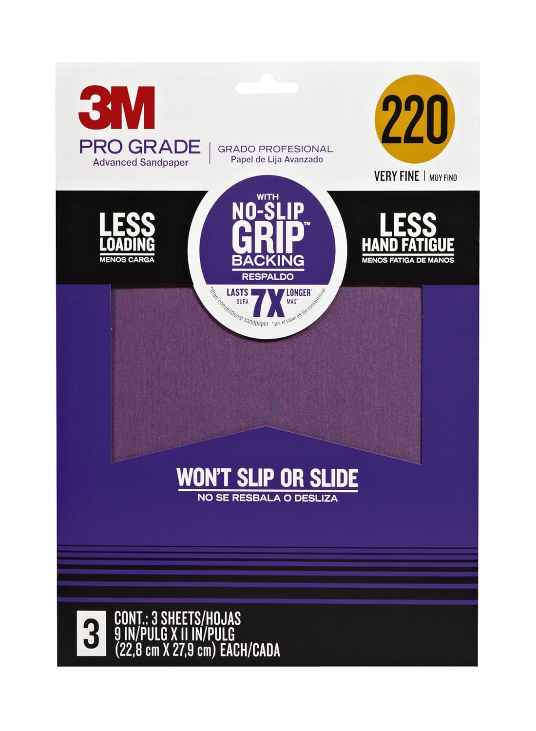3M 25220P-G Pro Grade – Papel de lija avanzado con agarre antideslizante, 9 x 11 pulgadas, grano 220, paquete de 3