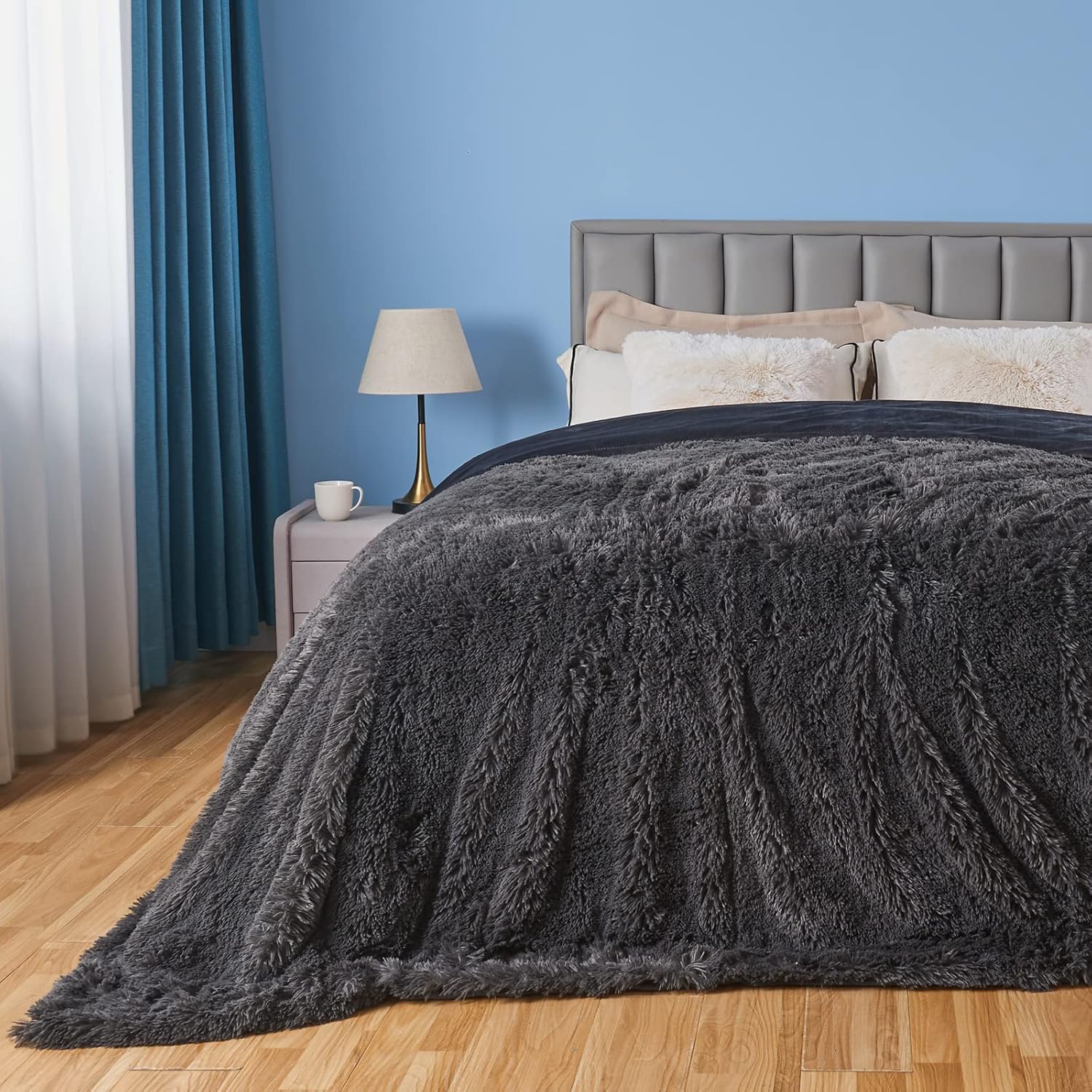 GONAAP Manta mullida de piel sintética tamaño Queen, color gris oscuro, súper suave y acogedora manta lanuda para sofá o cama (gris oscuro, Queen