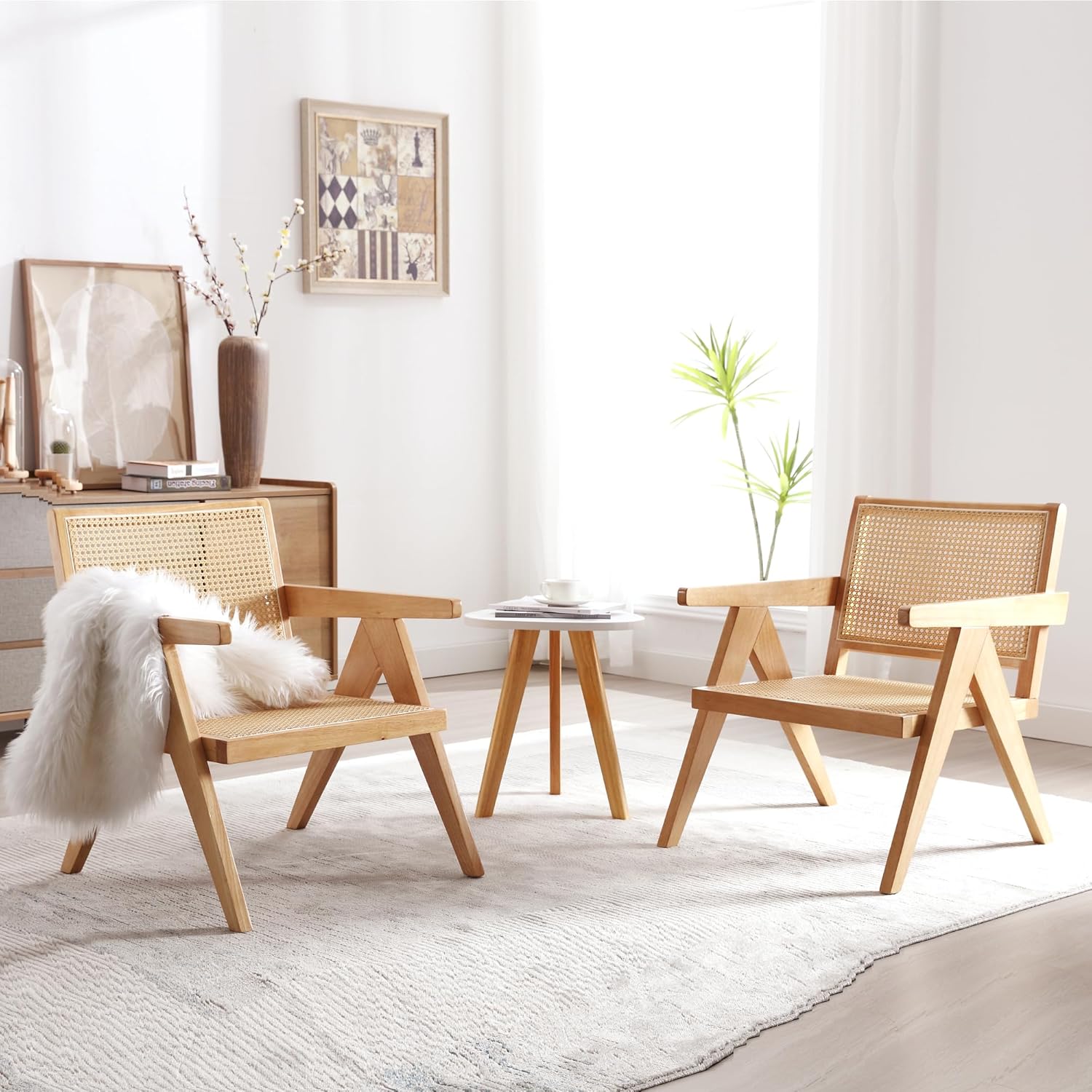 GOOLON Juego de 2 sillas decorativas de ratán, sillas de sala de estar, sillas de madera de diseño moderno de mediados de siglo con respaldo grande,
