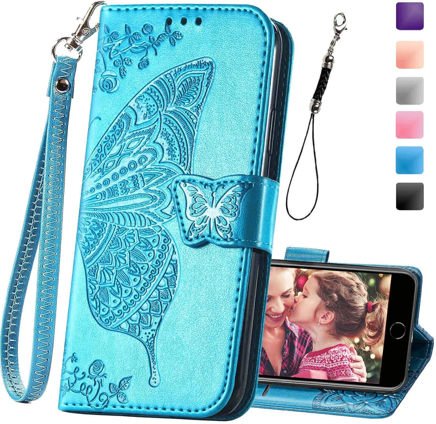 Funda tipo cartera para iPhone SE 2020SE 2022iPhone 8iPhone 7, diseño de mariposa en relieve, de piel sintética, soporte para tarjetas, correa de