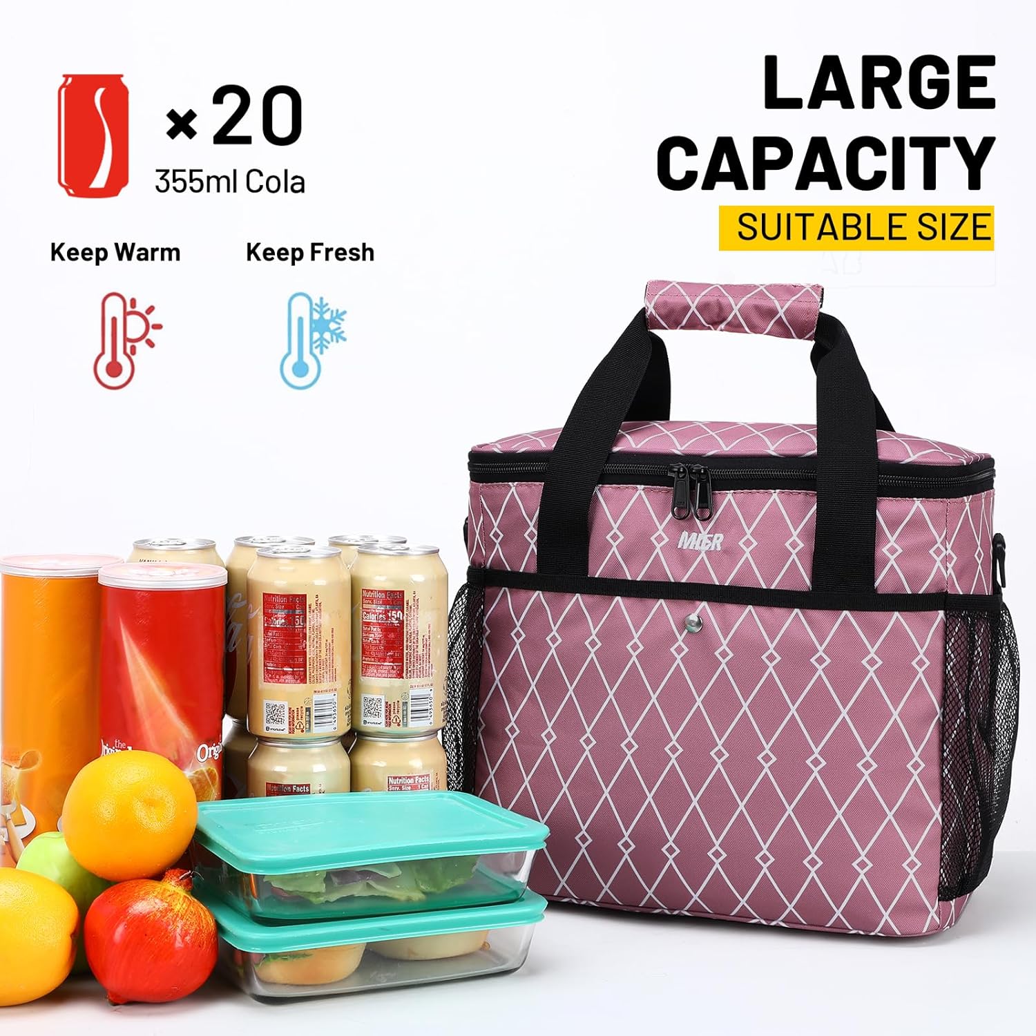 MIER Bolsa de picnic aislada grande y suave de 18L para comestibles, camping, coche, rosa