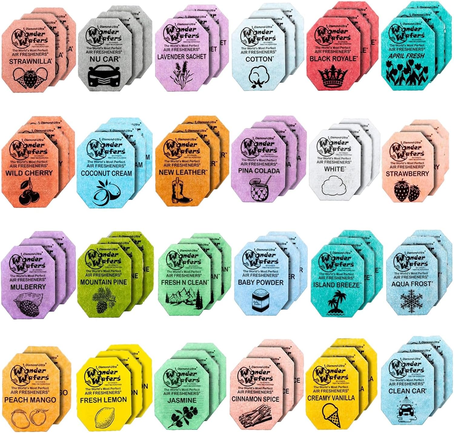 Wonder Wafers – Ambientadores para automóvil, paquete variado de 72 ambientadores de coche envueltos individualmente, 24 aromas (paquete de 72, 24