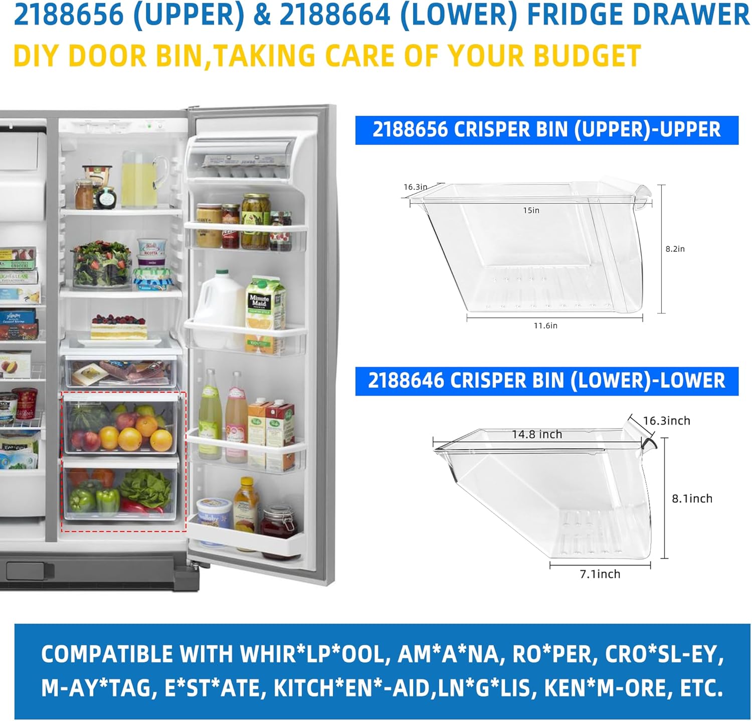 WP2188656 2188656 – Cajones superiores para refrigerador y 2188664 Recipiente inferior para nevera compatible con Whirl*pool Ken* more Cajones de
