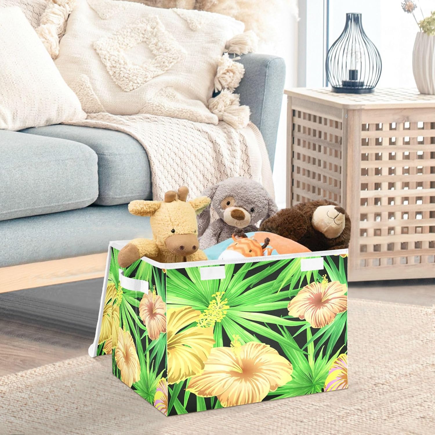Cubos de almacenamiento plegables grandes de hojas y flores de hibisco con tapas decorativas con asas, cesta de almacenamiento de tela, cubos para