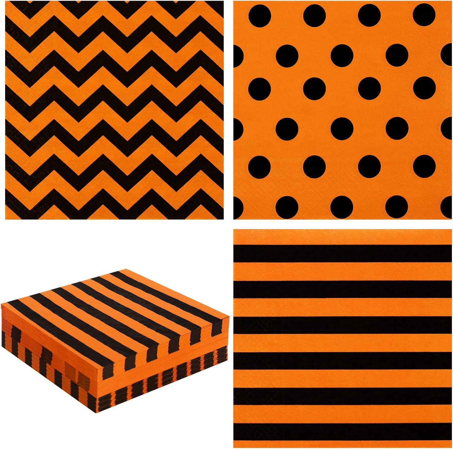 Whaline Servilletas de papel de Halloween de 6.5 pulgadas, color naranja y negro, con rayas, lunares, servilletas de almuerzo geométricas