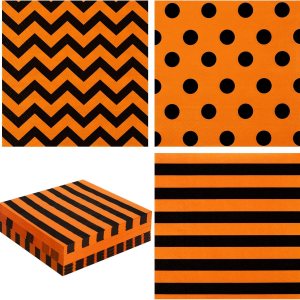 Whaline Servilletas de papel de Halloween de 6.5 pulgadas, color naranja y negro, con rayas, lunares, servilletas de almuerzo geométricas Whaline Servilletas de papel de Halloween de 6.5 pulgadas, color naranja y negro, con rayas, lunares, servilletas de almuerzo geométricas
