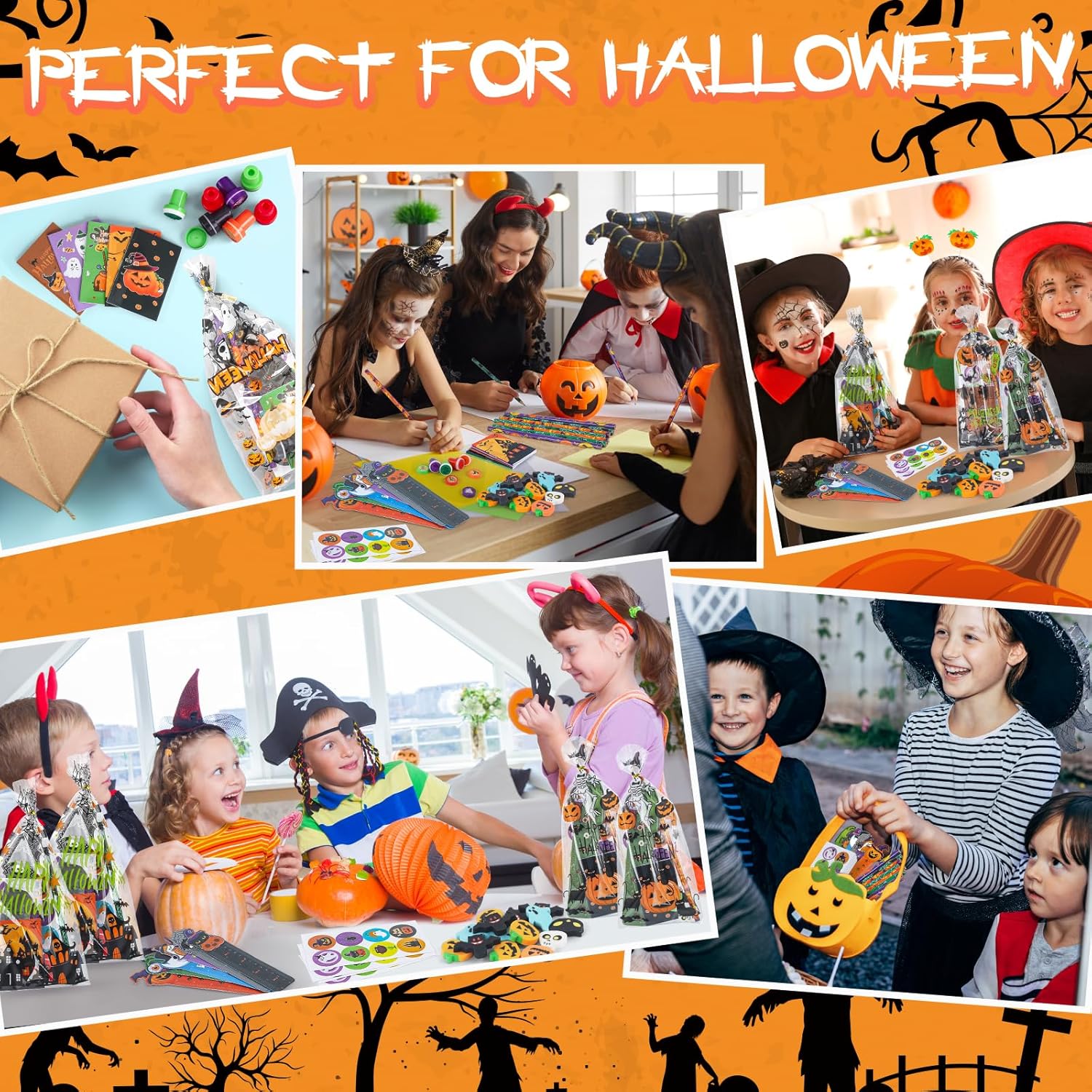 Paquete de 30 artículos de papelería de fiesta de Halloween para el aula de niños, más de 240 piezas de bolsas de golosinas de Halloween a granel