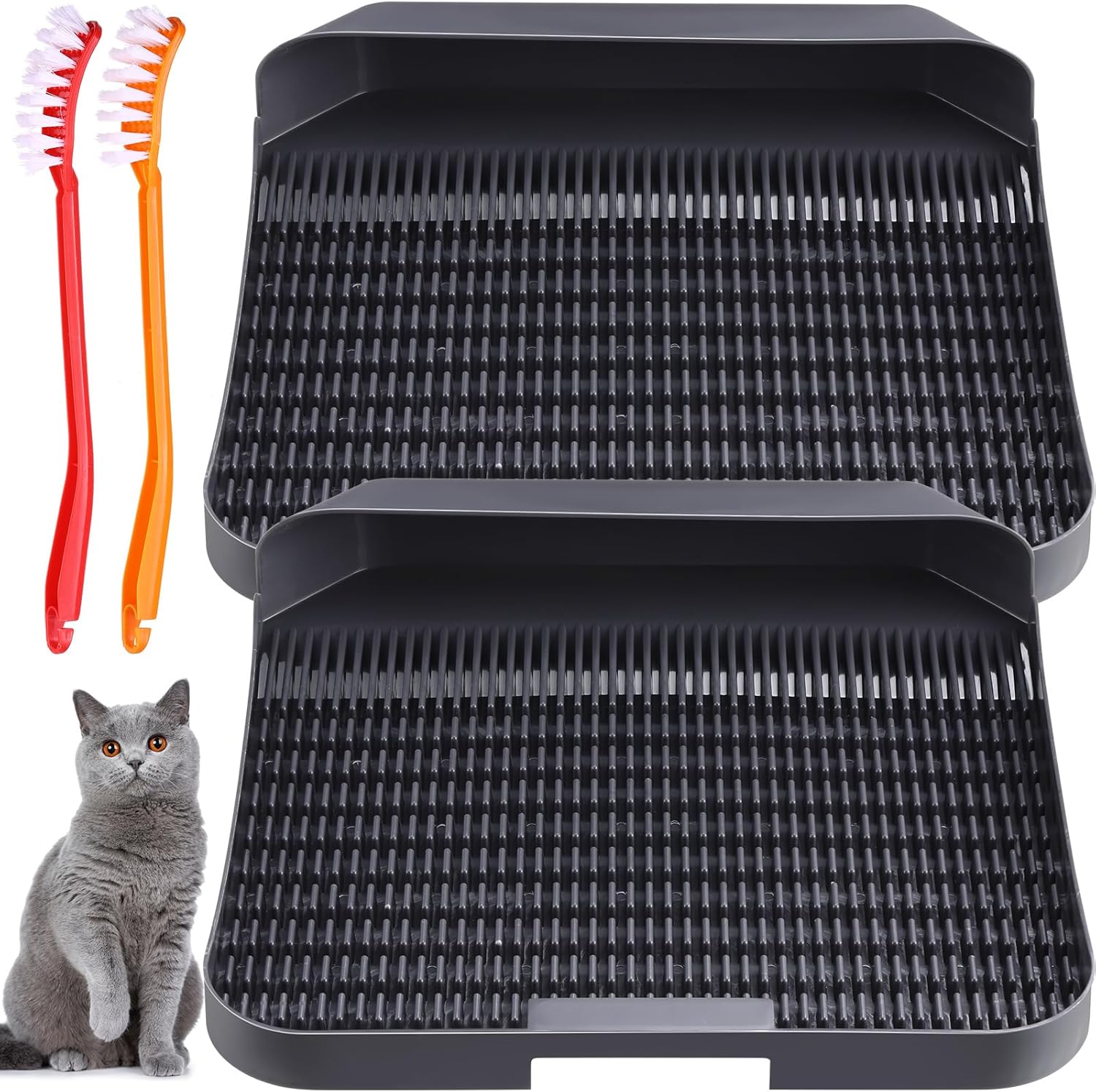 2 alfombrillas de arena para gatos para caja de arena para gatos, alfombrillas de resina con cepillo de limpieza, tapete pequeño impermeable para