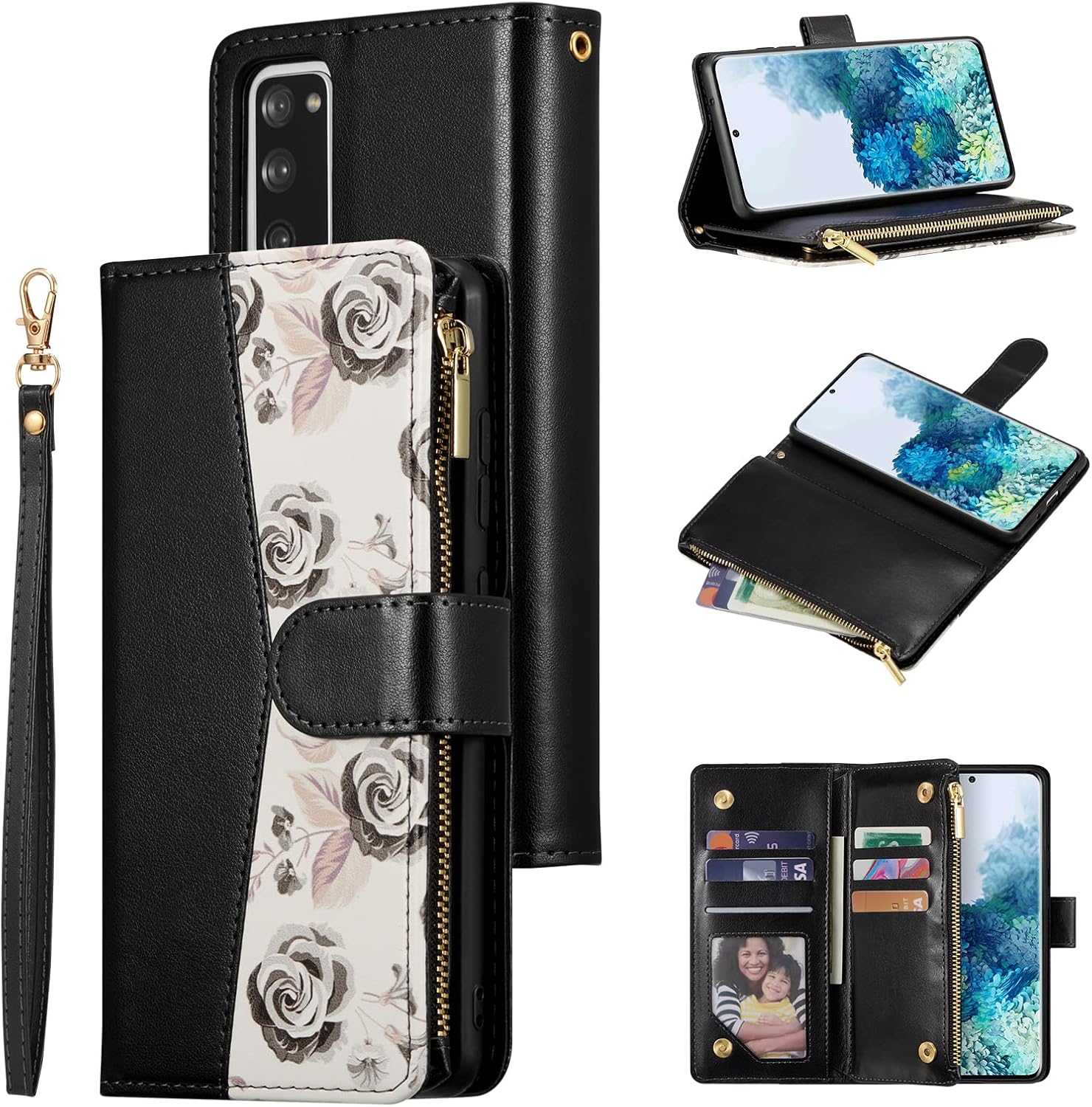 UEEBAI Funda tipo cartera para Samsung Galaxy S21 5G, flor PU cuero cierre magnético bolso bolsillo cremallera bolsillo caso Kickstand ranuras con