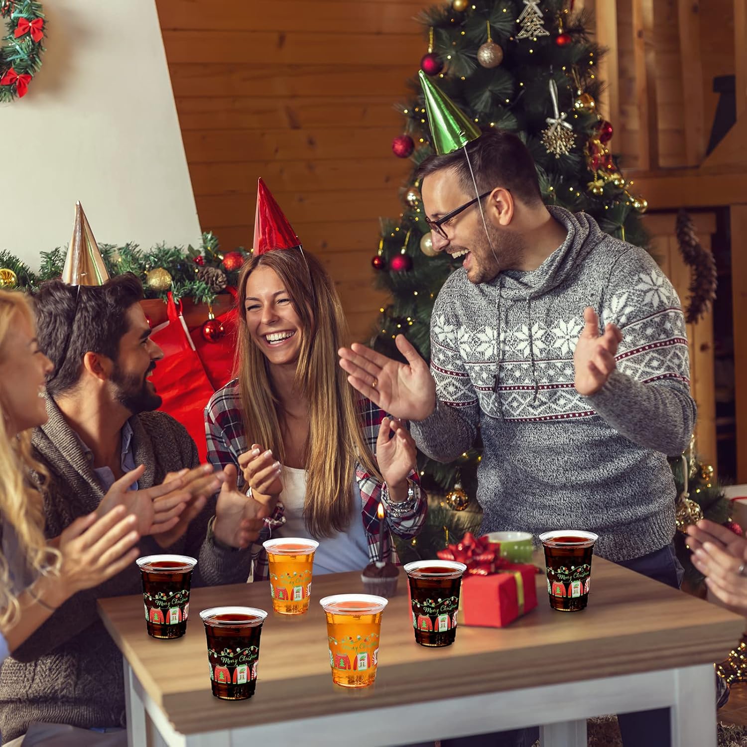 Meanplan 30 vasos de Navidad de 16 onzas desechables de plástico para suétercopos de nieve para decoración de fiestas de Navidad (suéter)