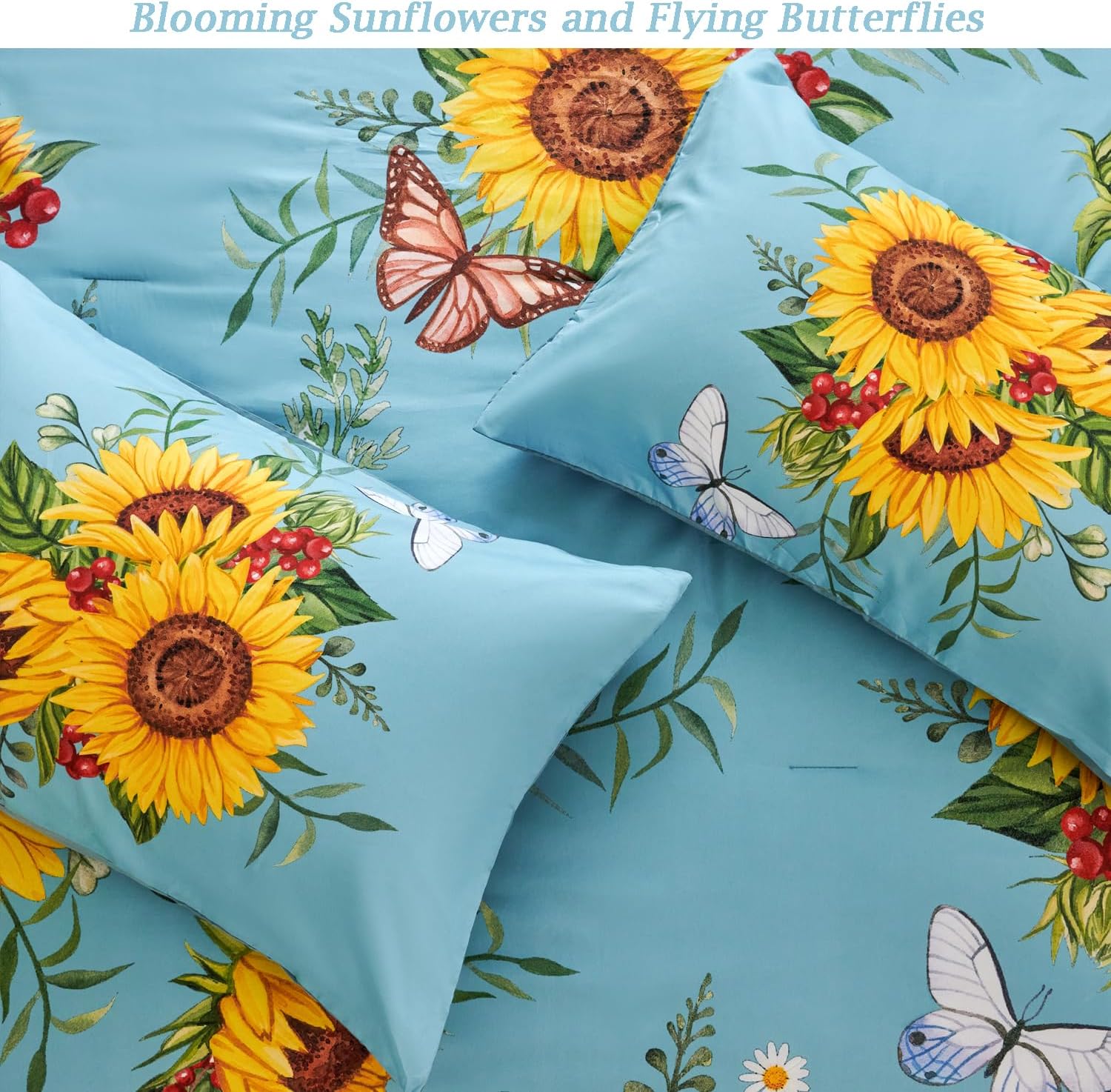 Juego de edredón de girasol azul con mariposa, juego de ropa de cama floral amarillo de 3 piezas, juego de ropa de cama tamaño Queen de granja,