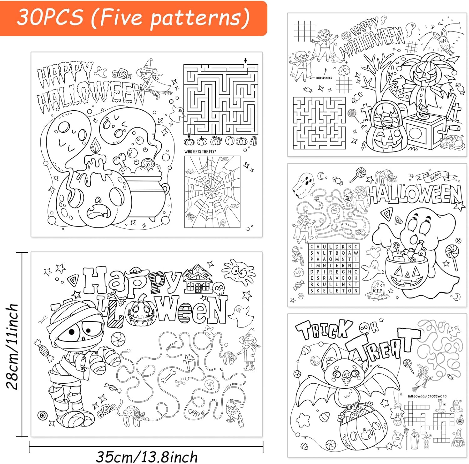 AnyDesign – 30 manteles individuales de papel de Halloween de 5 estilos para colorear de 11 x 14 pulgadas, tapete de comedor desechable para