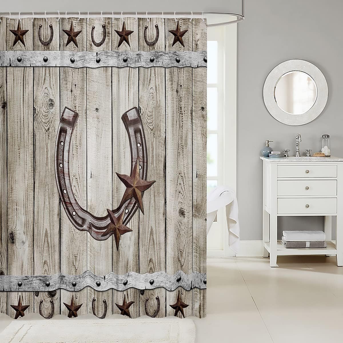 Western Texas – Cortina de baño de 72 pulgadas de ancho x 72 pulgadas de largo, cortina de ducha rústica con estrellas de granja de herradura,