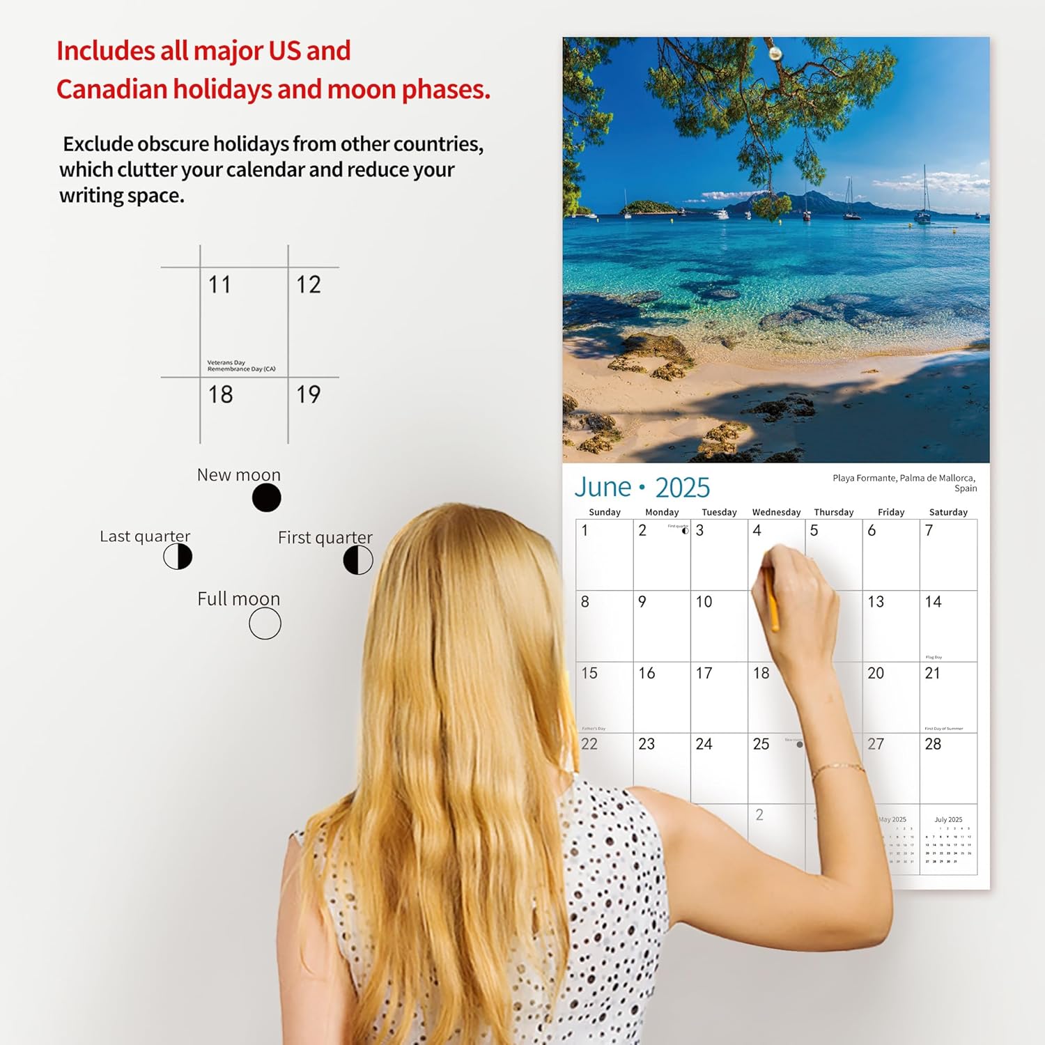 Calendario de pared 2024 2025, julio de 2024 a diciembre de 2025, calendario de pared de playas, 12 x 24 pulgadas abierto, página completa, papel