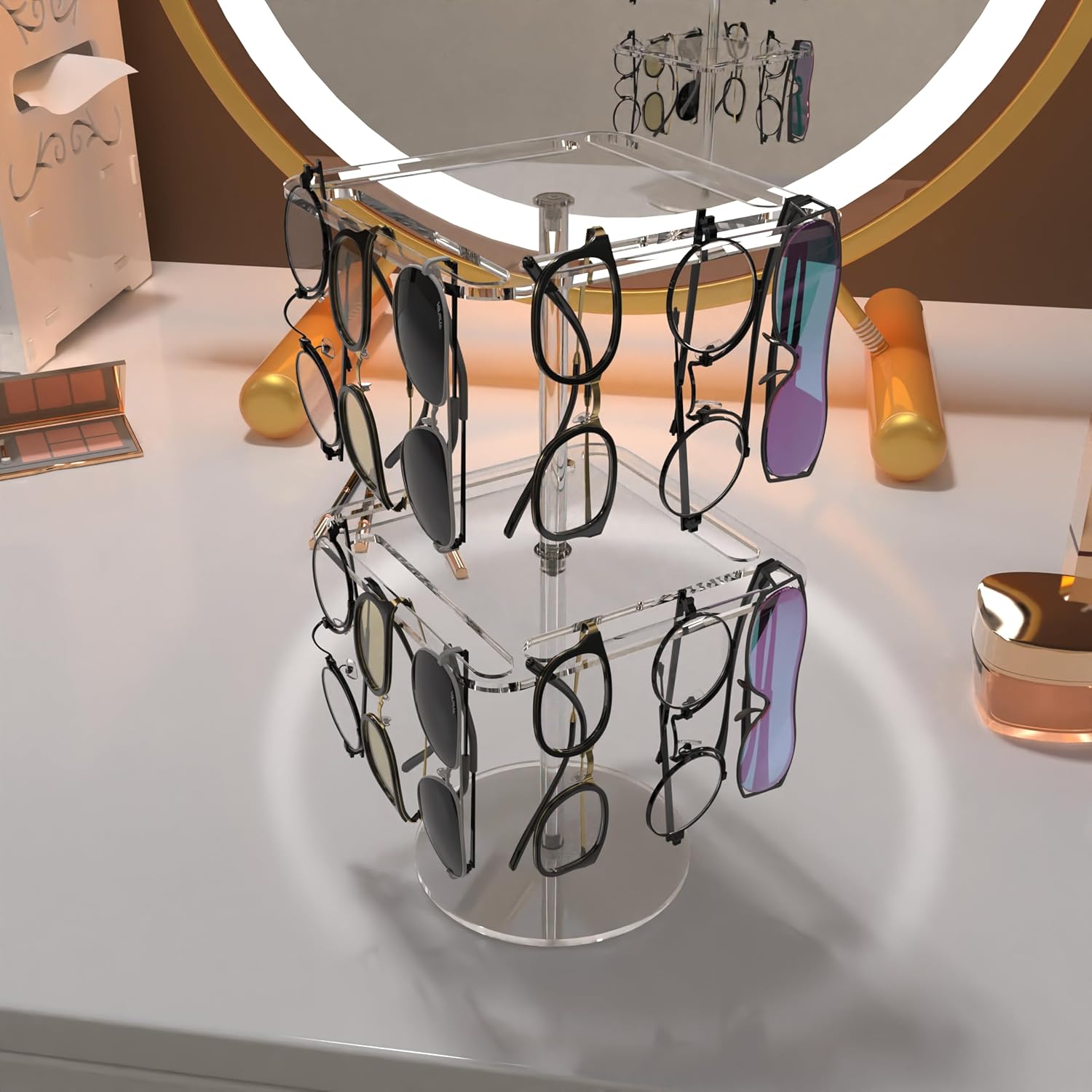 Estante de exhibición de gafas de sol y lentes de acrílico giratorio de 360 – Organizador de mesa transparente de doble nivel para gafas