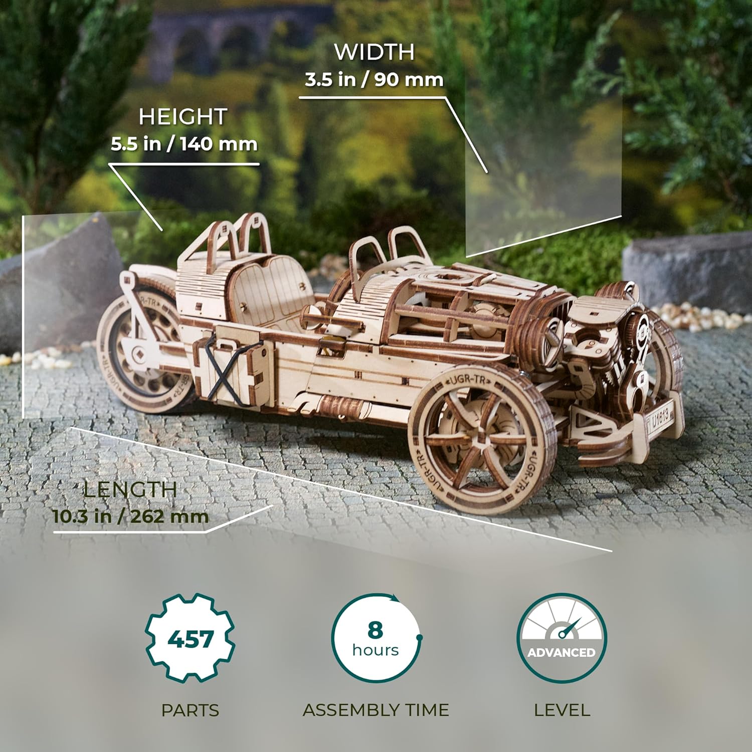 Ugears UGR-S de tres ruedas – Kit de modelo de motocicleta de madera – Rompecabezas 3D para adultos – Kits de modelos de madera para construir – Kit