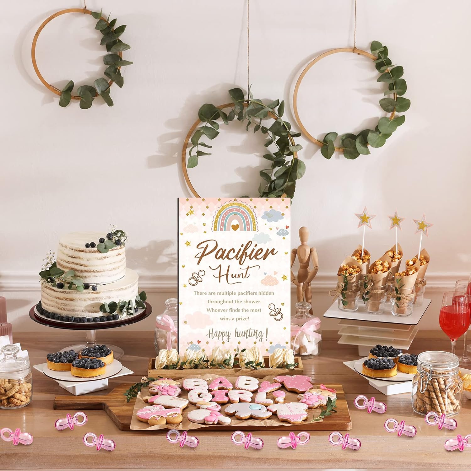 51 juegos geniales para baby shower, incluyen letrero de caza de chupete bohemio y 50 chupetes acrílicos para bebé, mini chupetes para temática
