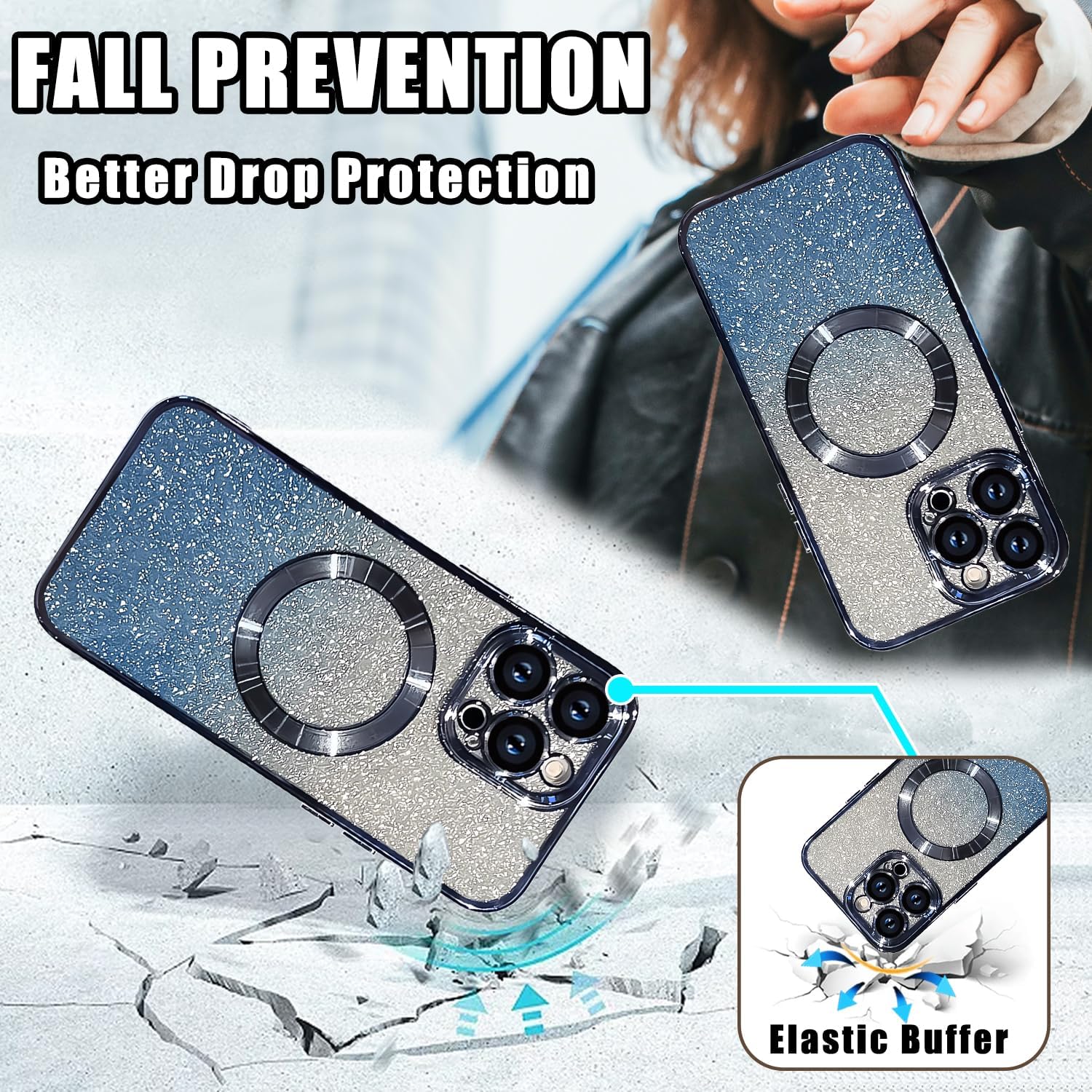 Funda magnética con purpurina para iPhone 15 Pro Max, compatible con MagSafe, protección completa de la lente de la cámara, chapado de lujo, bonita
