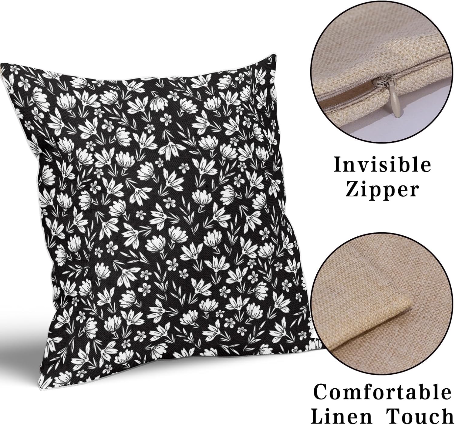 Juego de 2 fundas de almohada florales en blanco y negro de 20 x 20 pulgadas con estampado de bloques de flores vintage, margaritas de algodón y