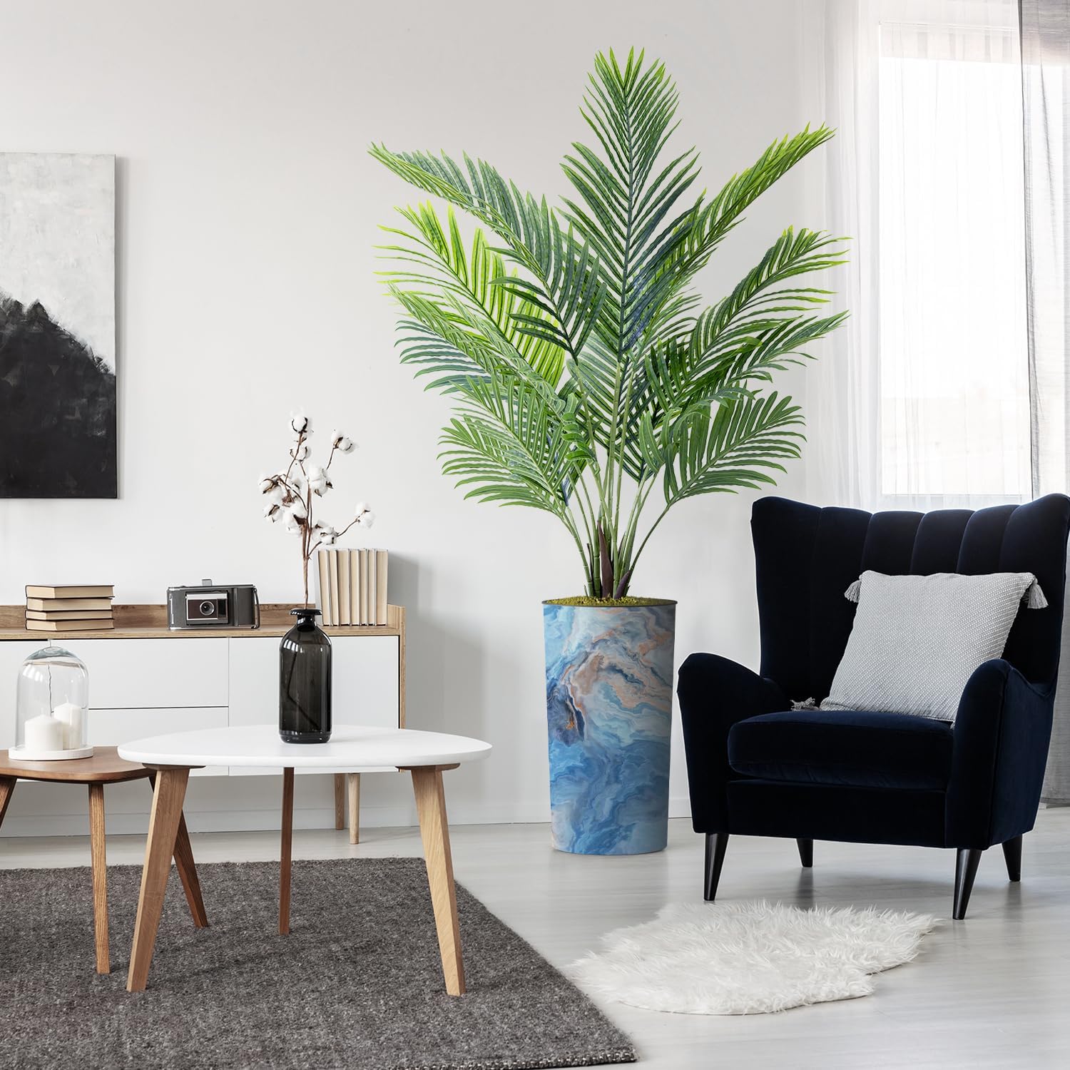 Árbol artificial en macetero con efecto de granito moderno, palmera tropical areca artificial de seda para decoración del hogar en interiores y