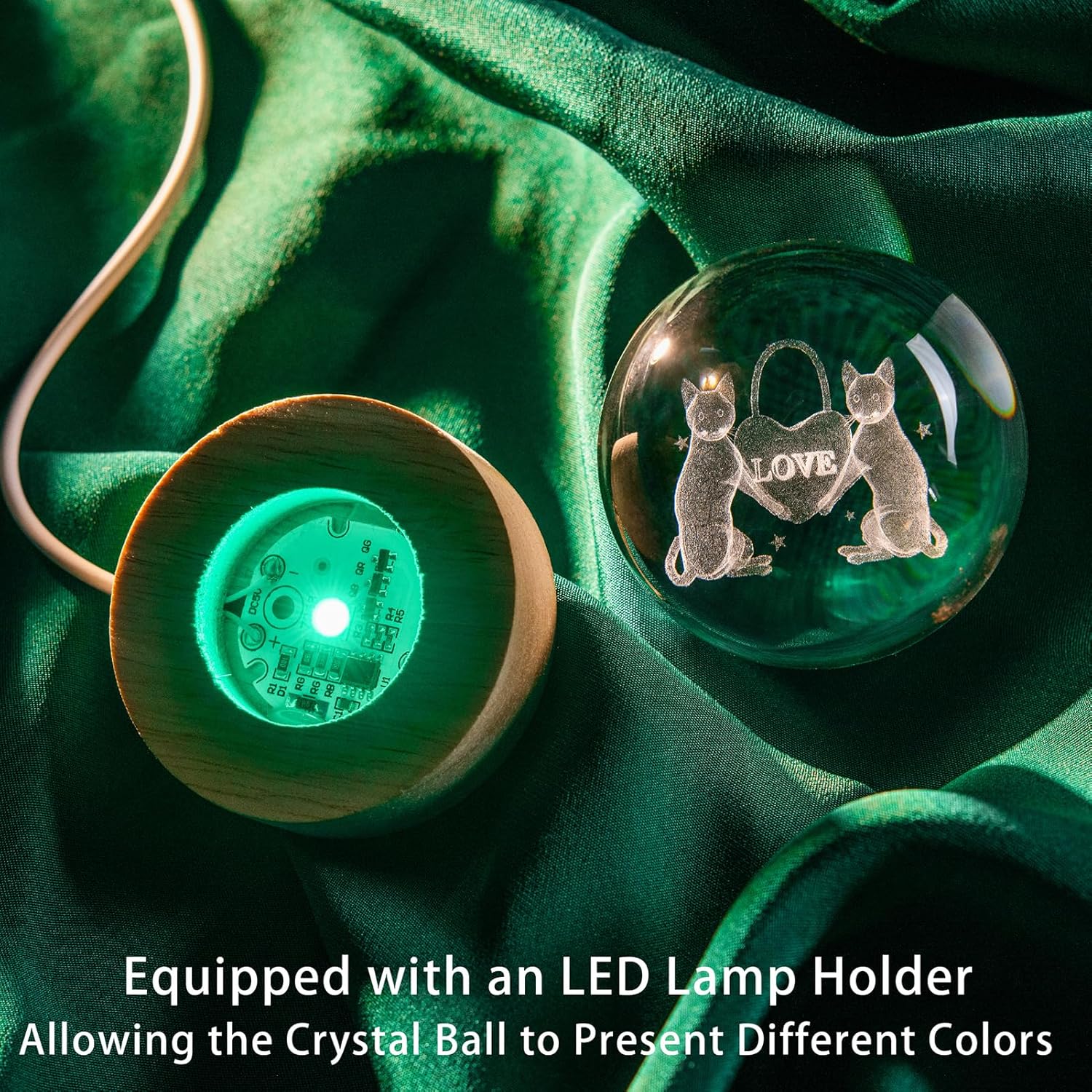 Luz nocturna de bola de cristal para habitación de los niños, bolas decorativas grabadas con láser de gato 3D con base de luz LED, luces nocturnas